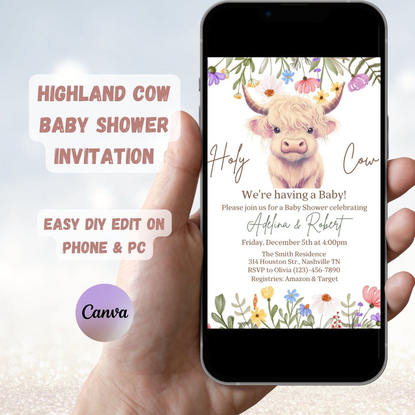 Highland Cow Baby Shower Invitation, Wildflowers Cow Baby Shower, Holy Cow Baby Shower Invite, Holy Cow Girl Baby Shower, Editable Template