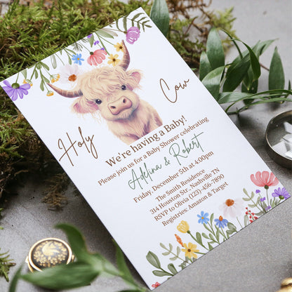 Highland Cow Baby Shower Invitation, Wildflowers Cow Baby Shower, Holy Cow Baby Shower Invite, Holy Cow Girl Baby Shower, Editable Template