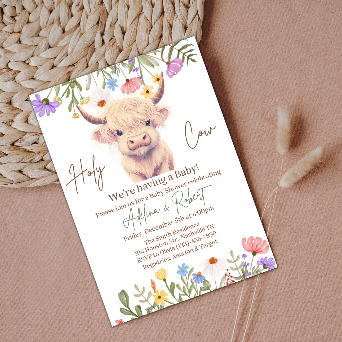 Highland Cow Baby Shower Invitation, Wildflowers Cow Baby Shower, Holy Cow Baby Shower Invite, Holy Cow Girl Baby Shower, Editable Template