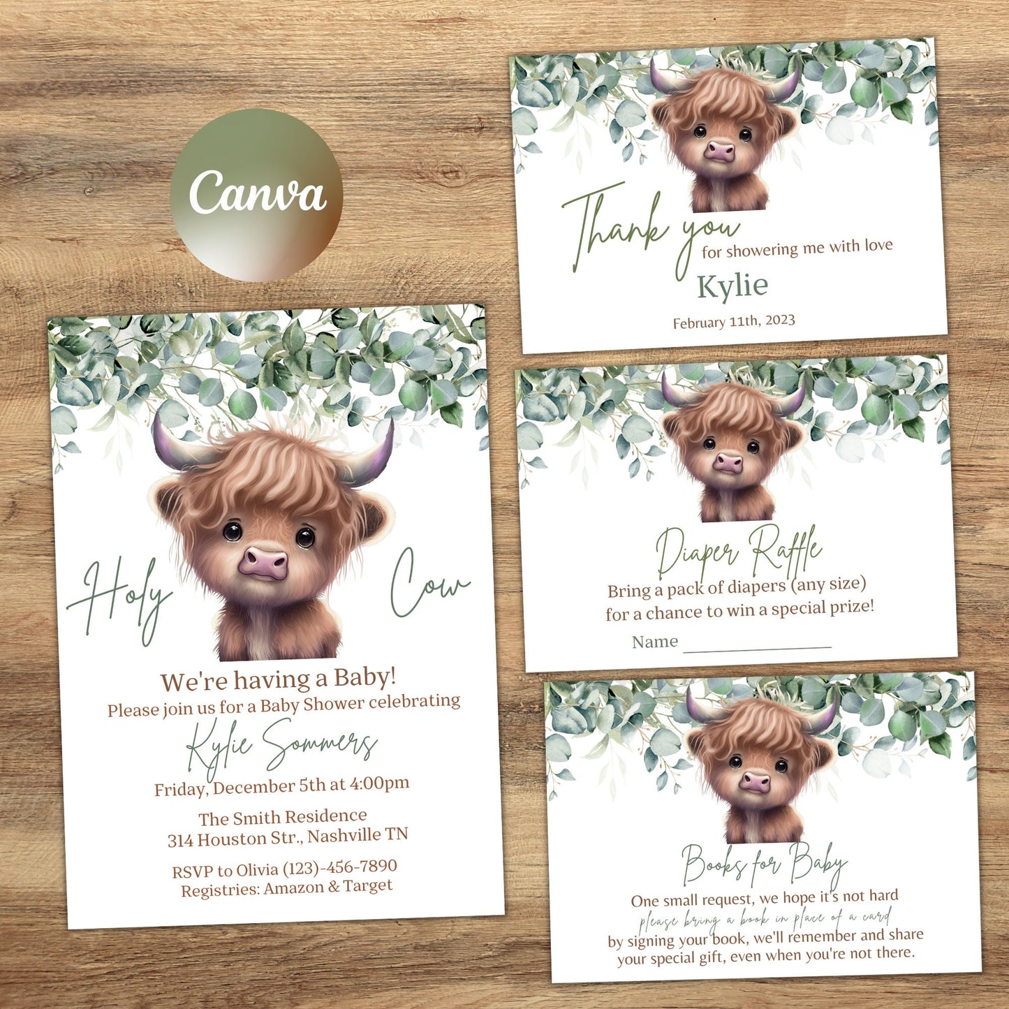 Boho Highland Cow Baby Shower Invitation Bundle, Gender Neutral Cow Baby Shower, Holy Cow Baby Shower Invitation Set, Editable Template