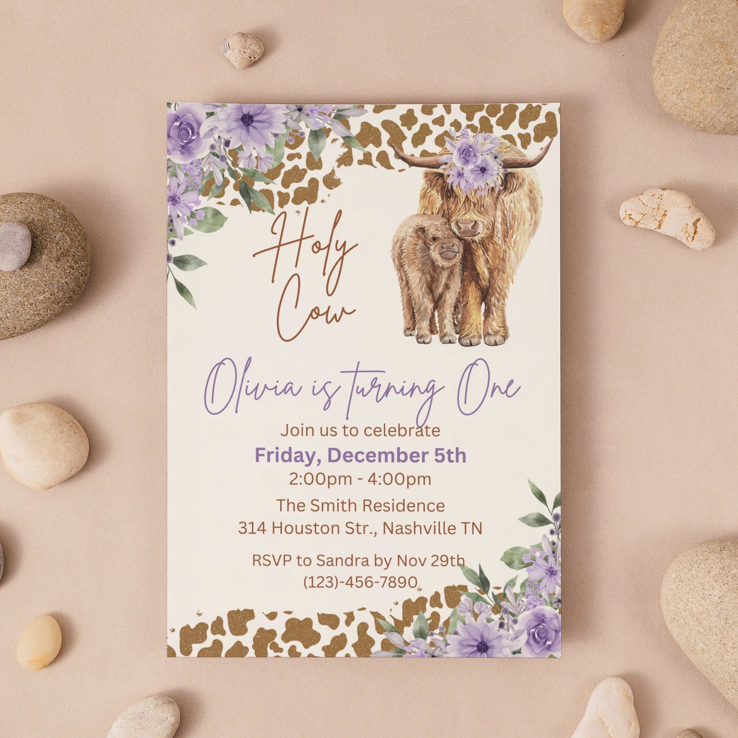 Editable Boho Highland Cow Birthday Invitation, Holy Cow I'm One Invite Girl, Purple Farm Cow First Birthday Template, Instant Download