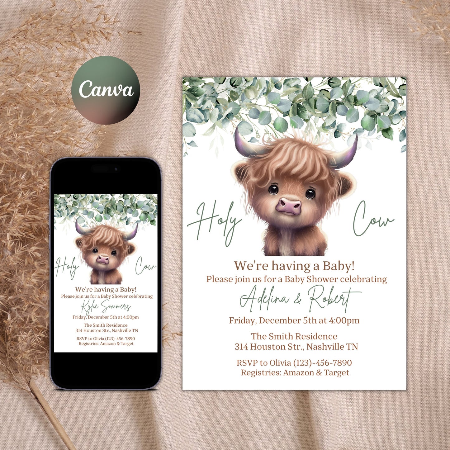 Boho Highland Cow Baby Shower Invitation, Gender Neutral Cow Baby Shower, Holy Cow Baby Shower Invite, Greenery, Online Editable Template