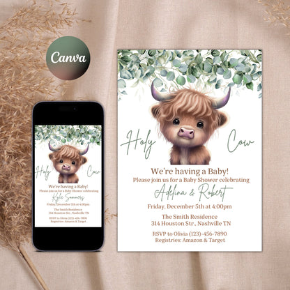 Boho Highland Cow Baby Shower Invitation, Gender Neutral Cow Baby Shower, Holy Cow Baby Shower Invite, Greenery, Online Editable Template