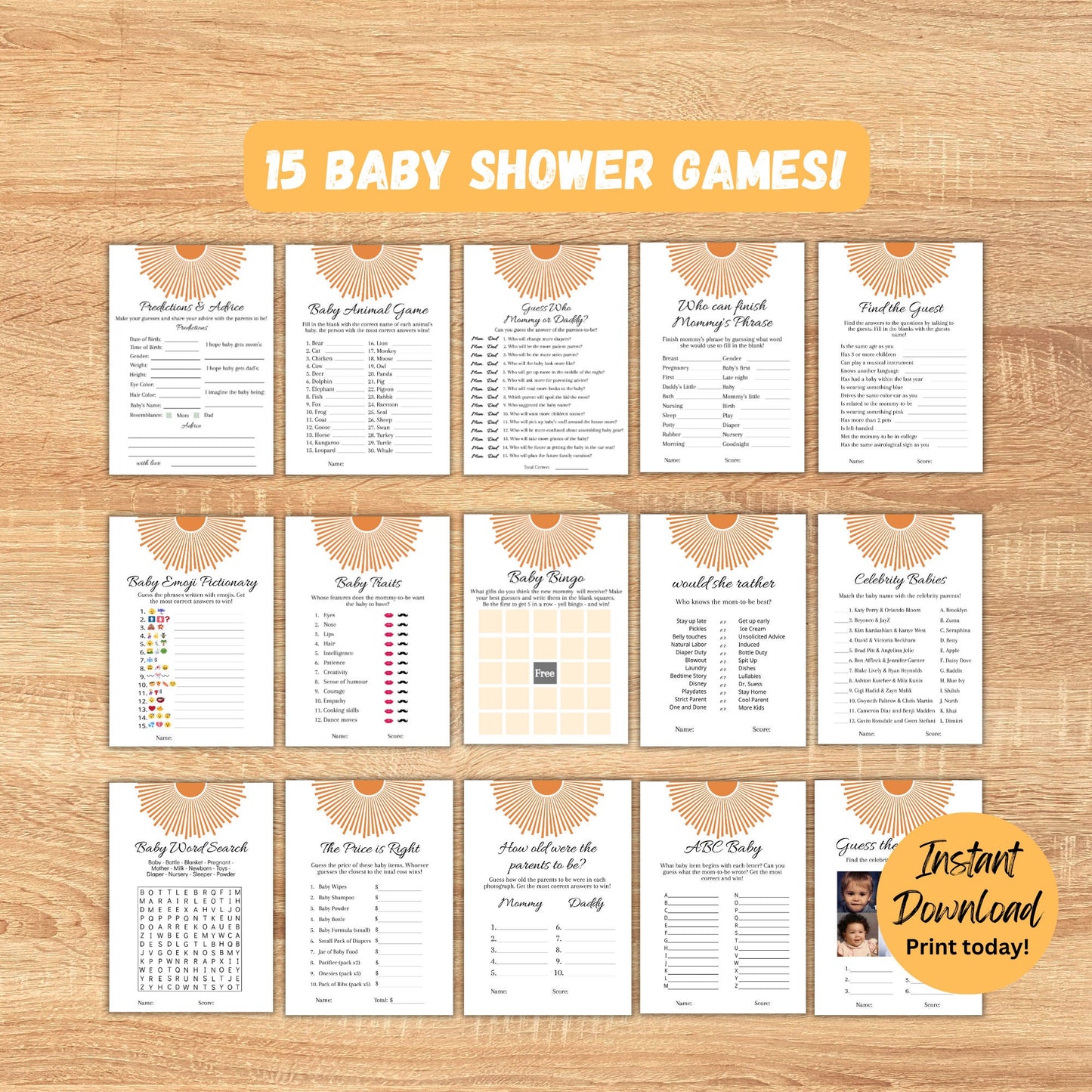 15 Boho Sun Baby Shower Games Template, Printable Sunshine Baby Shower Games Bundle, Here comes the Son Baby Shower, Instant Download