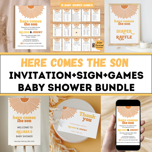 Editable Sunshine Baby Shower Bundle, Here Comes The Son Baby Shower Invite Set, Retro Boho Sunshine Baby Shower Games, Instant Download