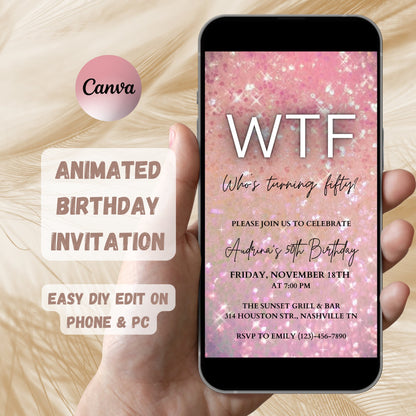 50th Birthday Video Invitation, WTF Who's Turning Fifty Animated Birthday Invite, Pink Glitter, Editable Template, Instant Download