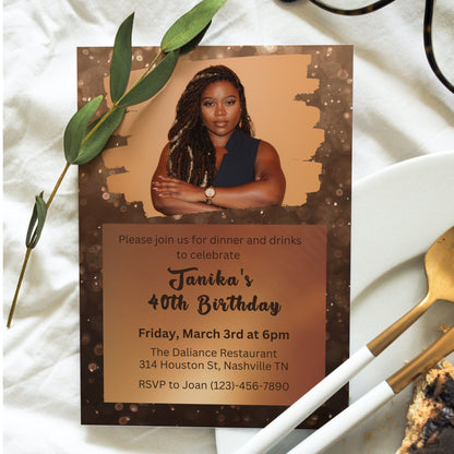 Editable Shades of Melanin Birthday Dinner Invitation, Shades of Brown, Brown Birthday Invitation with Picture, Printable or Text Invite