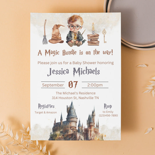 Editable Wizard Baby Shower Invitation, Magic Baby Shower Invitation template, Magic School Baby Shower, Magical Bundle On The Way Invite