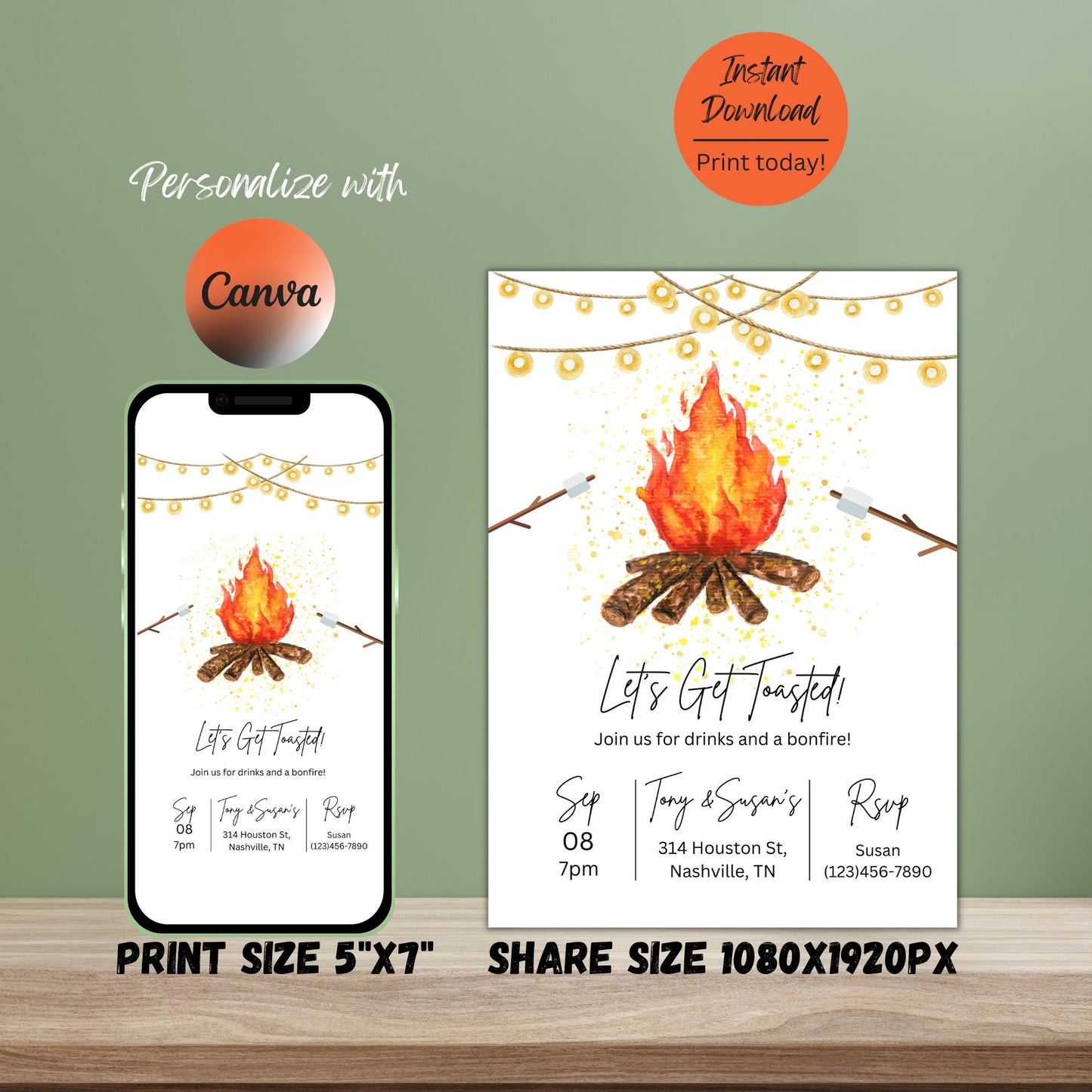 Backyard Bonfire Invitation, Editable Bonfire Birthday Invite, BBQ Party Invitation, Smores Invitation, Adult Birthday Party Outdoor Party