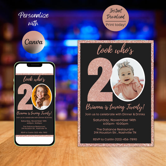 Editable 20th Invitation with photo, Look Who's 20, 20th Birthday Invitation Template, Rose Gold 20th Invitation, Editable, Printable