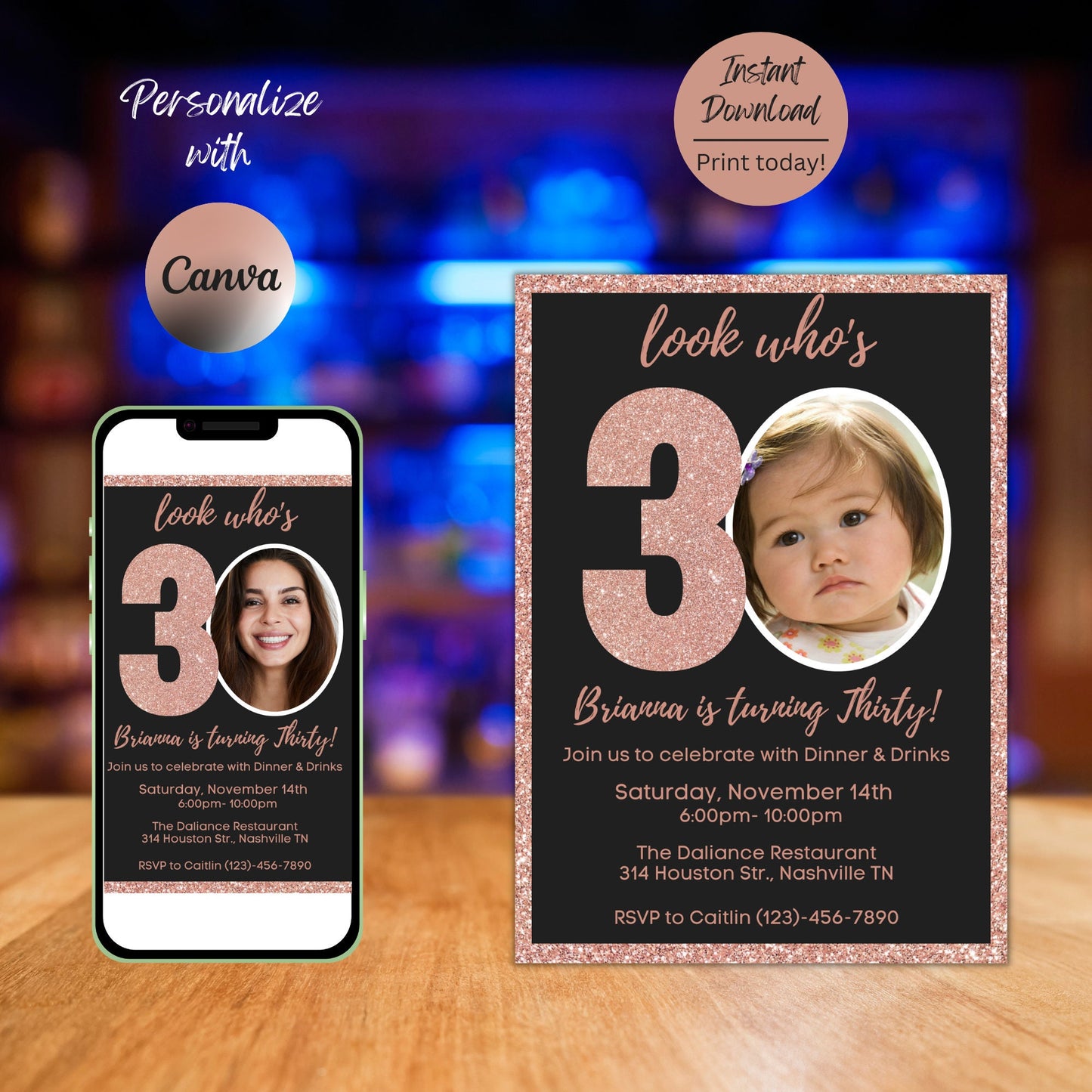 Editable 30th Invitation with photo, Look Who's 30, 30th Birthday Invitation Template, Rose Gold 30th Invitation, Editable, Printable