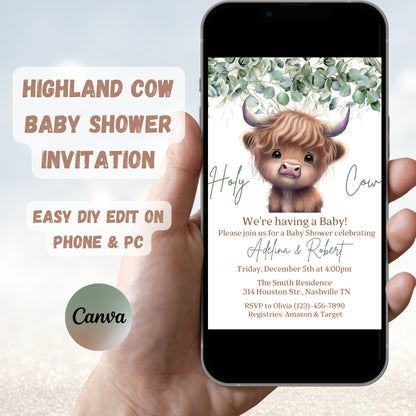 Boho Highland Cow Baby Shower Invitation, Gender Neutral Cow Baby Shower, Holy Cow Baby Shower Invite, Greenery, Online Editable Template