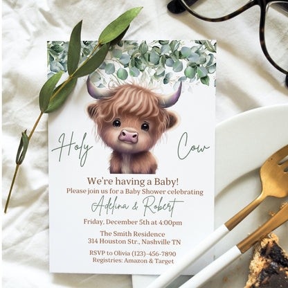 Boho Highland Cow Baby Shower Invitation, Gender Neutral Cow Baby Shower, Holy Cow Baby Shower Invite, Greenery, Online Editable Template