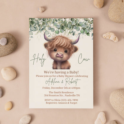 Boho Highland Cow Baby Shower Invitation, Gender Neutral Cow Baby Shower, Holy Cow Baby Shower Invite, Greenery, Online Editable Template