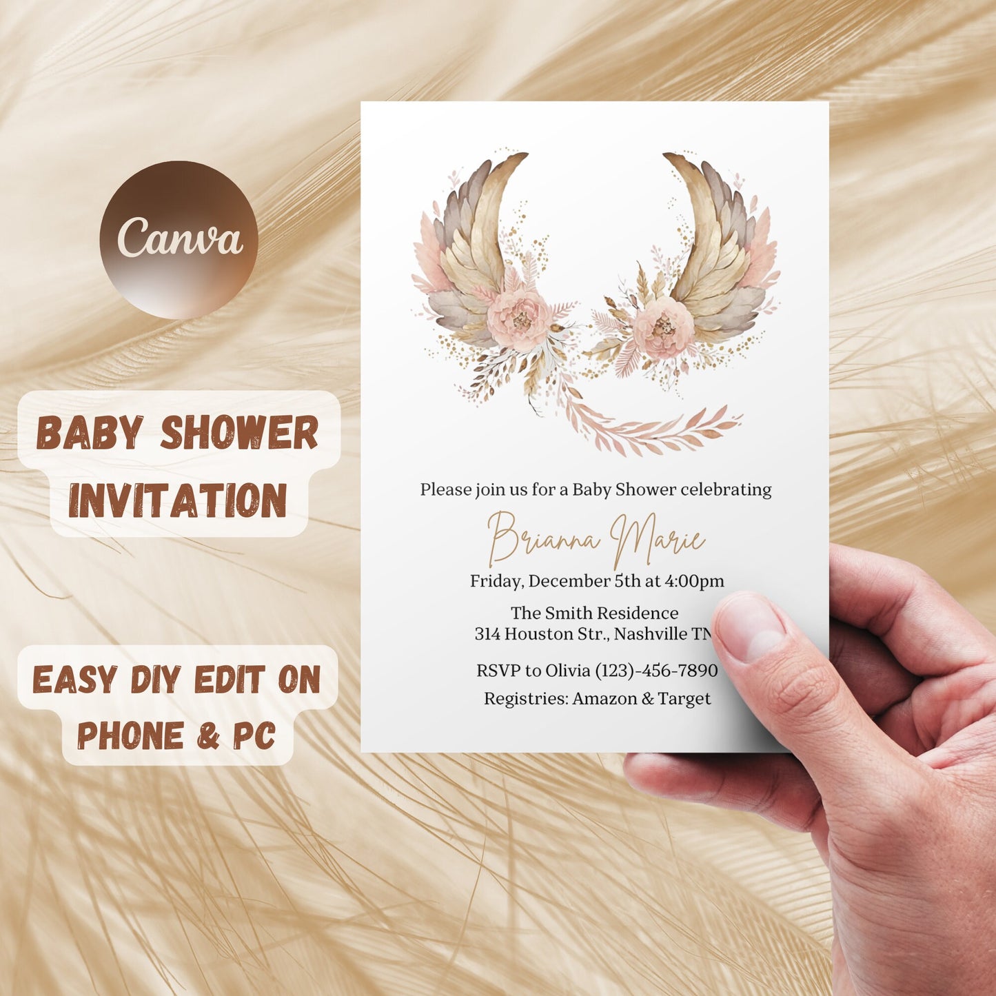 Angel Wings Baby Shower Invitation Template, Pink Gold Wings Baby Shower Girl Invite, Editable Template, Instant Download