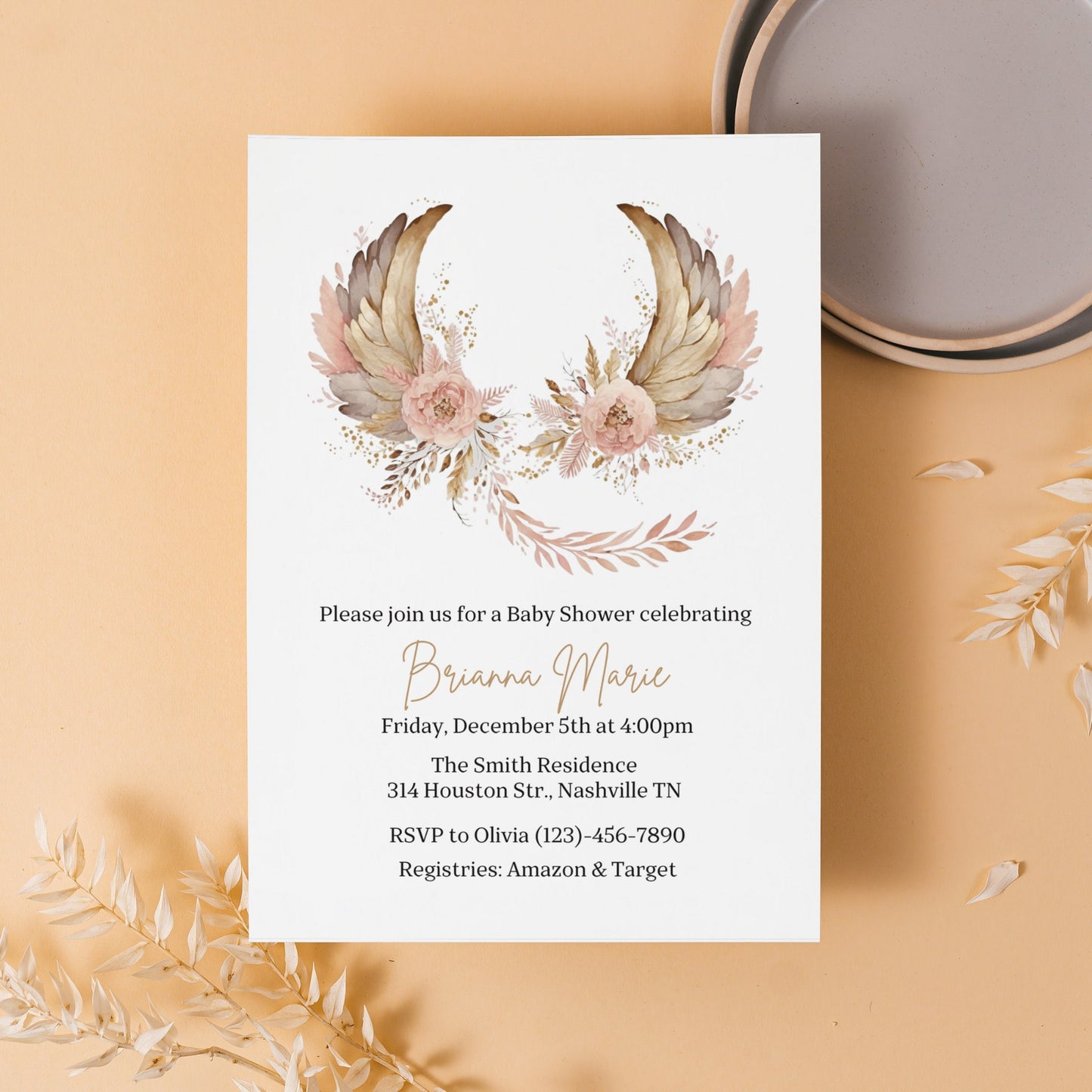 Angel Wings Baby Shower Invitation Template, Pink Gold Wings Baby Shower Girl Invite, Editable Template, Instant Download