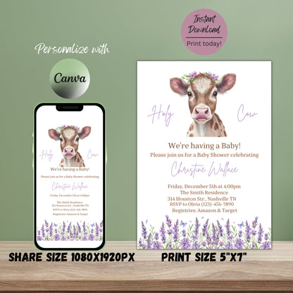 Highland Cow Baby Shower Invitation, Floral Cow Baby Shower, Holy Cow Baby Shower Invite, Greenery, Online Editable Template