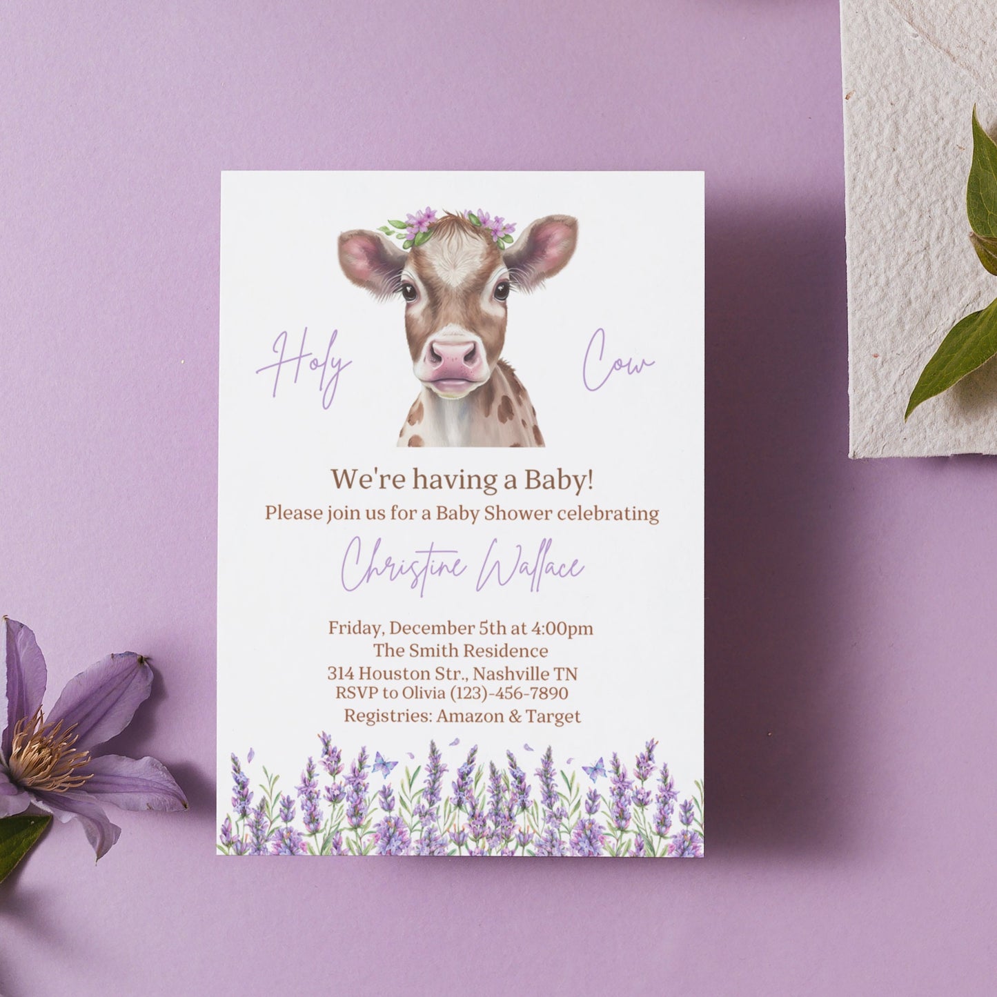 Highland Cow Baby Shower Invitation, Floral Cow Baby Shower, Holy Cow Baby Shower Invite, Greenery, Online Editable Template