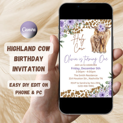 Editable Boho Highland Cow Birthday Invitation, Holy Cow I'm One Invite Girl, Purple Farm Cow First Birthday Template, Instant Download