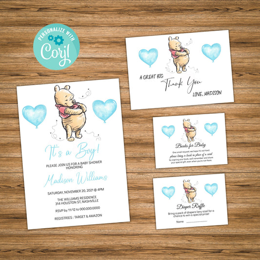 Winnie the Pooh Baby Shower Invitation Set, Boy Bear Baby Shower, Winnie the Pooh Baby Shower, Editable Digital Invite, Instant Download