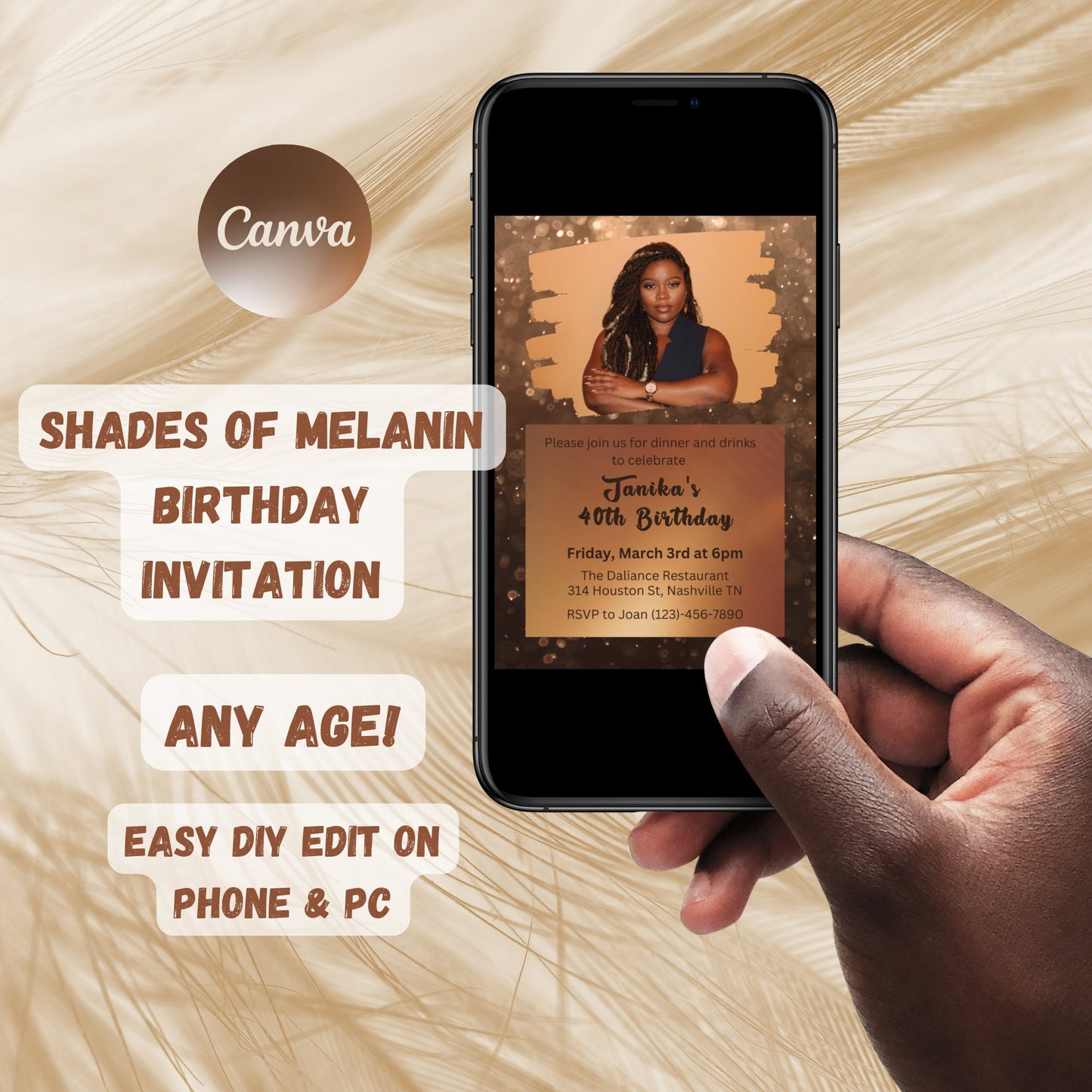 Editable Shades of Melanin Birthday Dinner Invitation, Shades of Brown, Brown Birthday Invitation with Picture, Printable or Text Invite