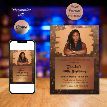 Editable Shades of Melanin Birthday Dinner Invitation, Shades of Brown, Brown Birthday Invitation with Picture, Printable or Text Invite