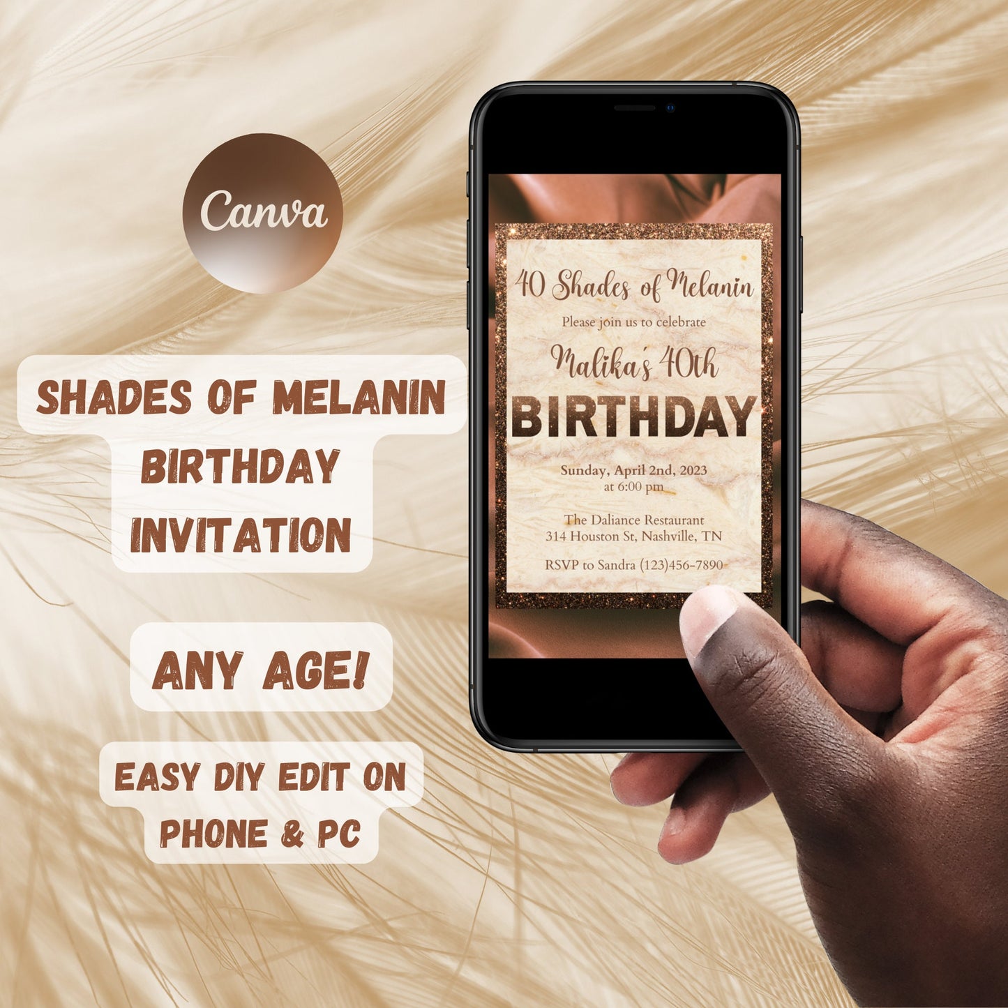 Editable Shades of Melanin Birthday Dinner Invitation, Shades of Brown, Brown Birthday Invitation, Printable or Text Invite