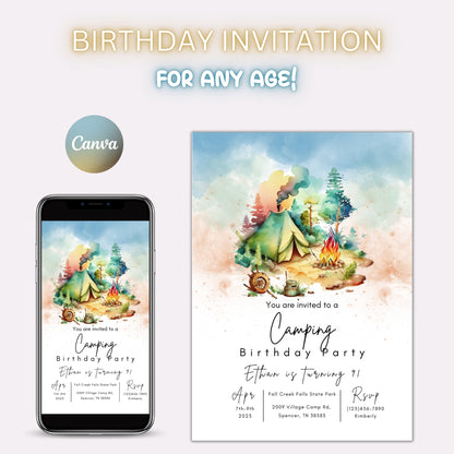 Camping Birthday Invitation Template, Camping Party Invitation, Camp Out, Under The Stars, Campout Birthday, Smores Party, Instant Download