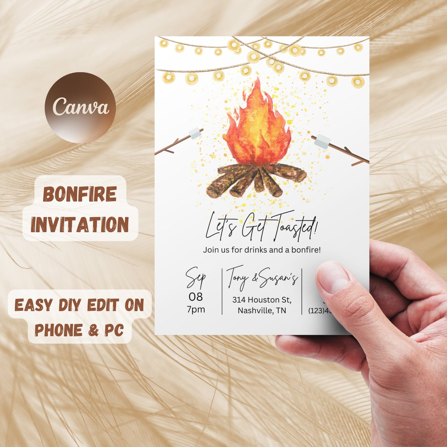 Backyard Bonfire Invitation, Editable Bonfire Birthday Invite, BBQ Party Invitation, Smores Invitation, Adult Birthday Party Outdoor Party