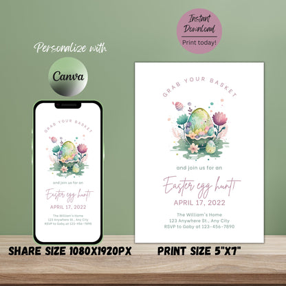 Easter Egg Hunt Invitation Template, Easter Brunch, Easter Party Invite, Easter Celebration Invitation, Easter Scavenger Hunt for Kids