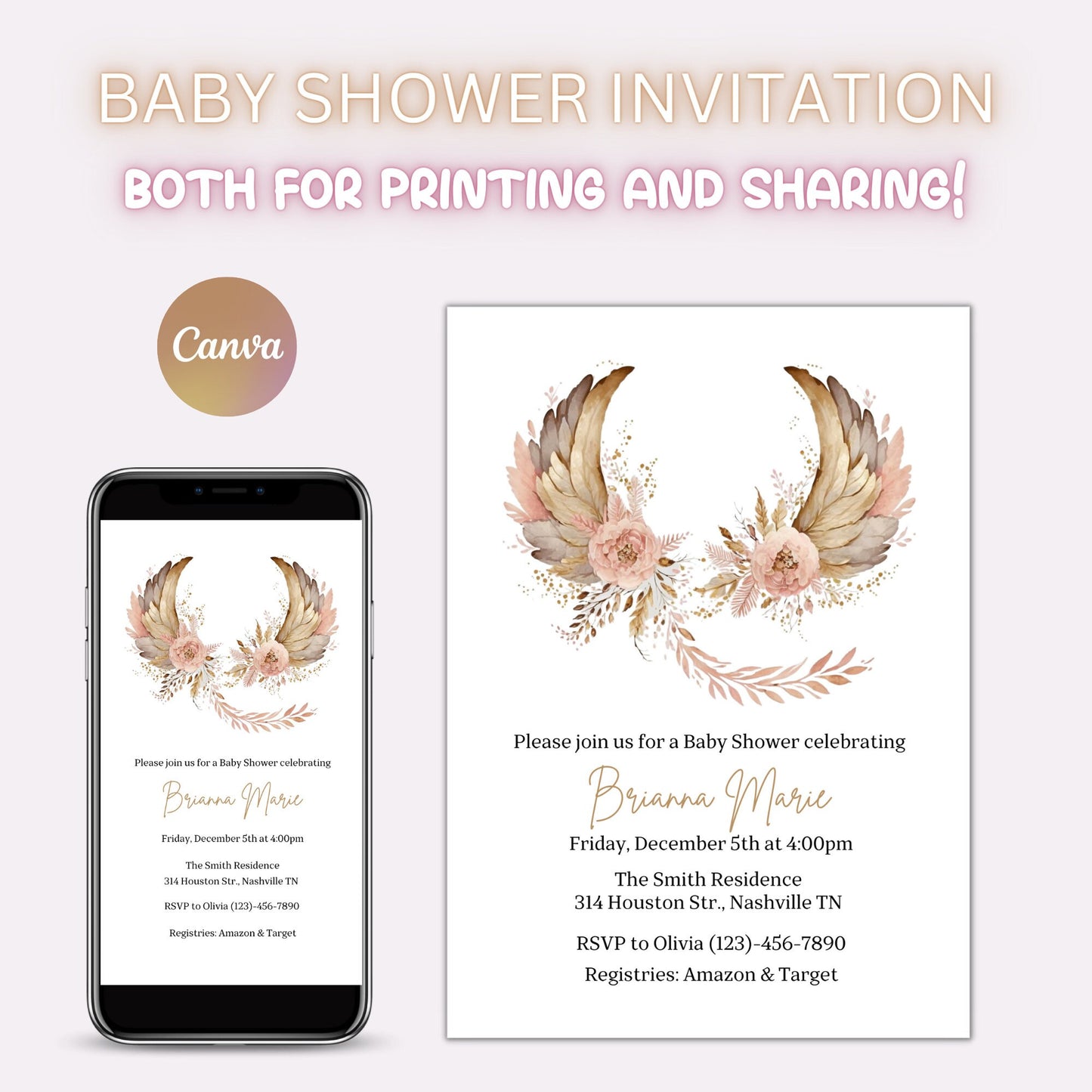 Angel Wings Baby Shower Invitation Template, Pink Gold Wings Baby Shower Girl Invite, Editable Template, Instant Download