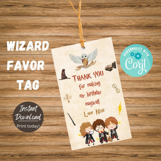 Wizard Birthday Party Favor Tag Editable Template, Wizard Thank You Tag, Magical Wizardry Birthday Goodie Bag Label, Wizard Gift Tag