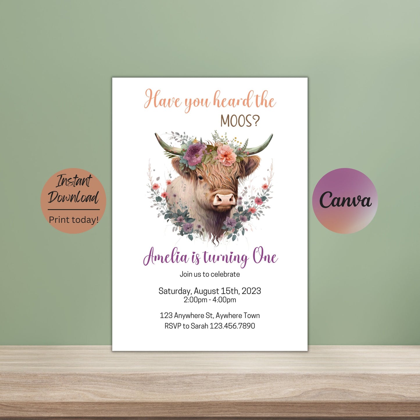 Highland Cow Birthday Invitation, I'm One Invitation Girl, Floral Purple Farm Cow First Birthday, Have you Heard the Moos, Instant Download