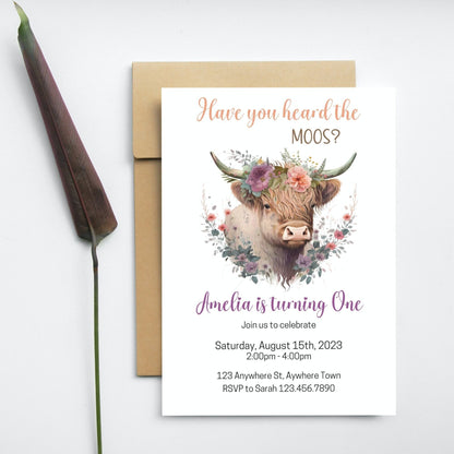 Highland Cow Birthday Invitation, I'm One Invitation Girl, Floral Purple Farm Cow First Birthday, Have you Heard the Moos, Instant Download