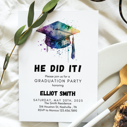 Minimalist Graduation Announcement, 2023 Graduation Party Invitation Template, He Did It Graduation Party Invite, Instant Download