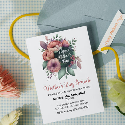 Mothers Day Invitation, Floral Mother's Day Brunch Invite, Mothers Day Event Invitation, Mothers Day Card, Editable Instant Download