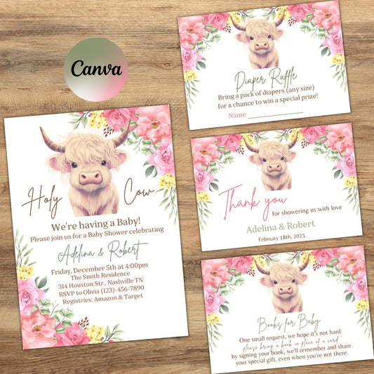 Floral Highland Cow Baby Shower Invitation Bundle, Girl Cow Baby Shower, Floral Holy Cow Baby Shower Invitation Set, Editable Template