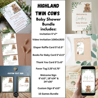 Boho Highland Twin Cows Baby Shower Invitation Bundle, Twin Cows Baby Shower, Holy Cow Twins Baby Shower Invitation Set, Editable Template