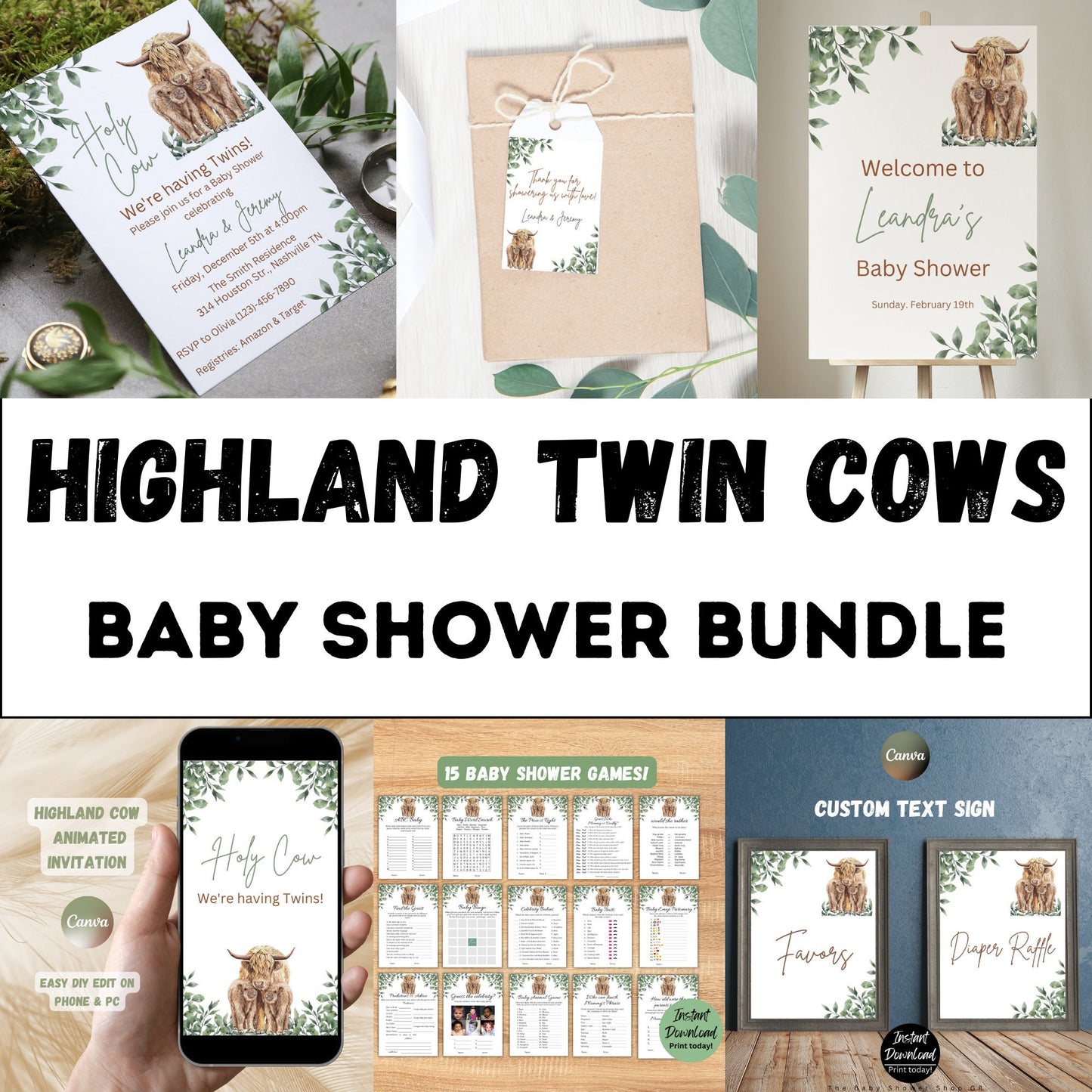 Boho Highland Twin Cows Baby Shower Invitation Bundle, Twin Cows Baby Shower, Holy Cow Twins Baby Shower Invitation Set, Editable Template