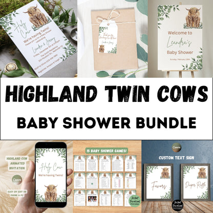 Boho Highland Twin Cows Baby Shower Invitation Bundle, Twin Cows Baby Shower, Holy Cow Twins Baby Shower Invitation Set, Editable Template