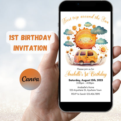 First Trip Around the Sun Birthday Invitation, Sun Birthday, Sunshine 1st Birthday Invitation, First Birthday Invite, Editable Download