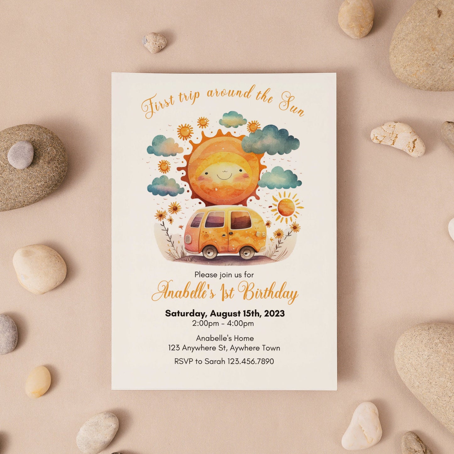 First Trip Around the Sun Birthday Invitation, Sun Birthday, Sunshine 1st Birthday Invitation, First Birthday Invite, Editable Download