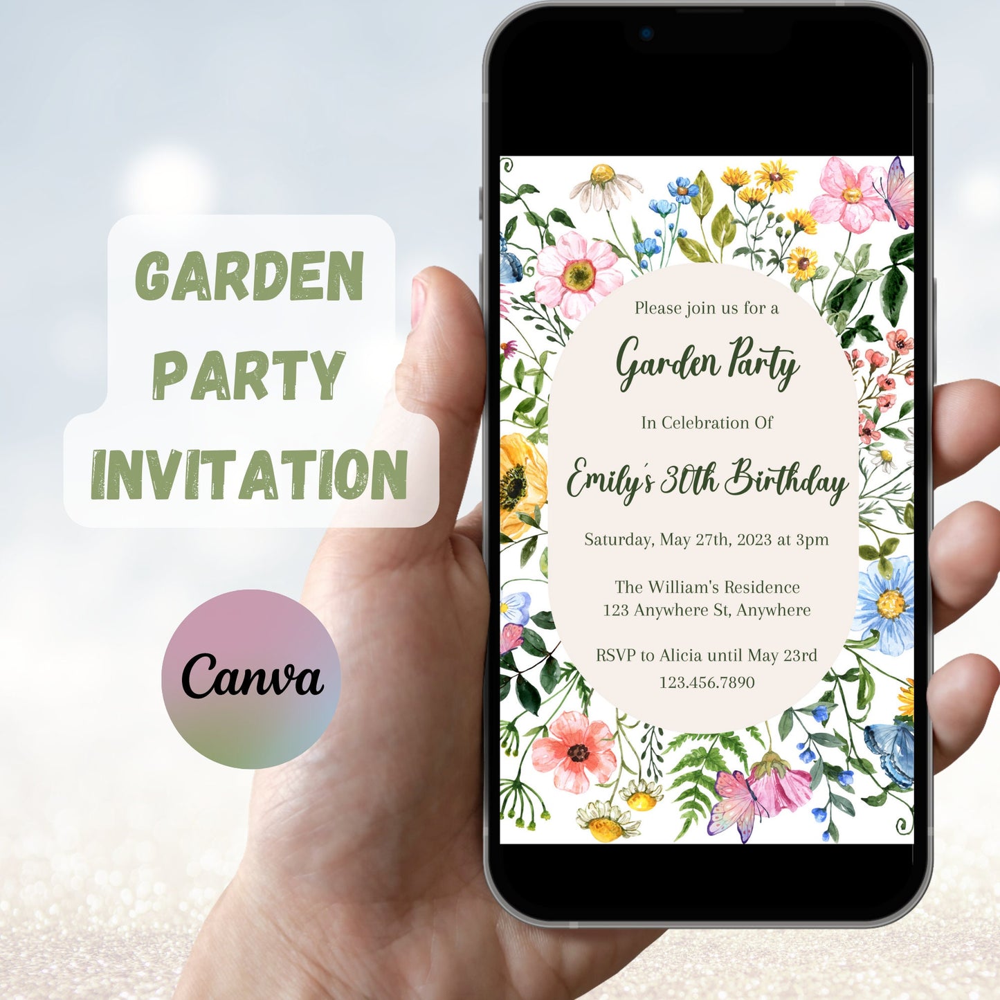 Garden Party Invitation, Wildflower Birthday Invitation, Floral Birthday Invitation, Butterfly Party, Editable Template, Instant Download