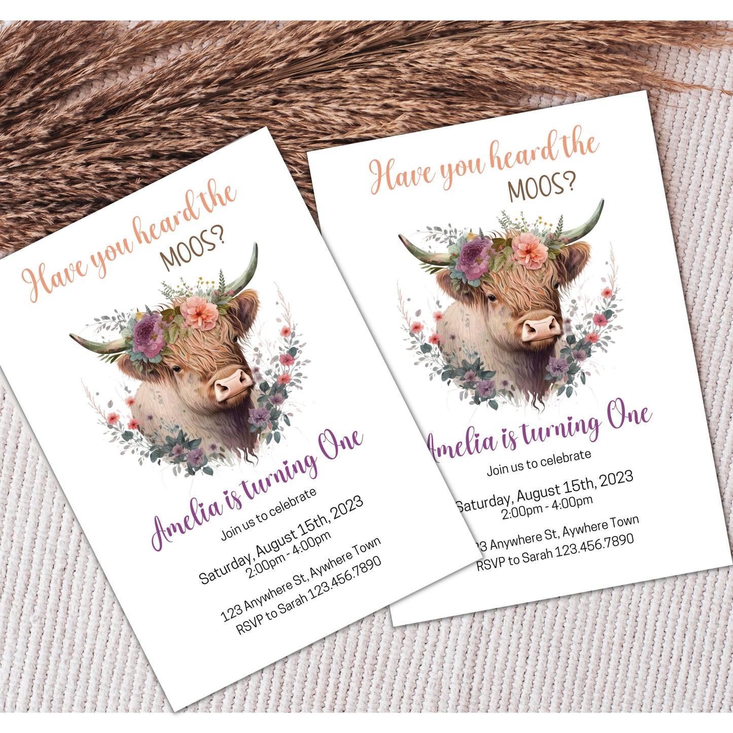 Highland Cow Birthday Invitation, I'm One Invitation Girl, Floral Purple Farm Cow First Birthday, Have you Heard the Moos, Instant Download