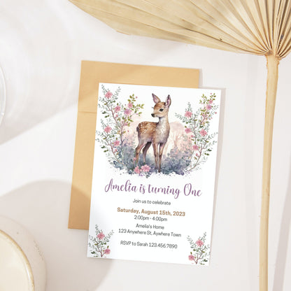 Woodland Deer Birthday Invitation, Printable Deer Birthday Invite Template, Woodland Animals Invitation, Deer Invitation, Instant Download