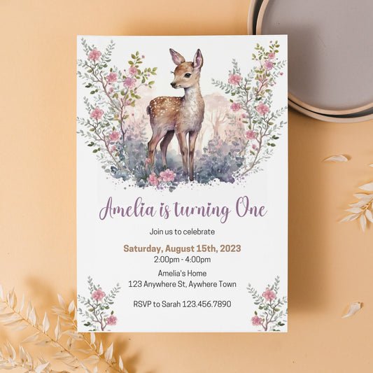 Woodland Deer Birthday Invitation, Printable Deer Birthday Invite Template, Woodland Animals Invitation, Deer Invitation, Instant Download