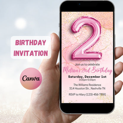 Editable Pink 2nd Birthday Invitation Template, Glitter Girl Birthday Party Invite, Pink Foil Girl Second Birthday Invite, Instant Download