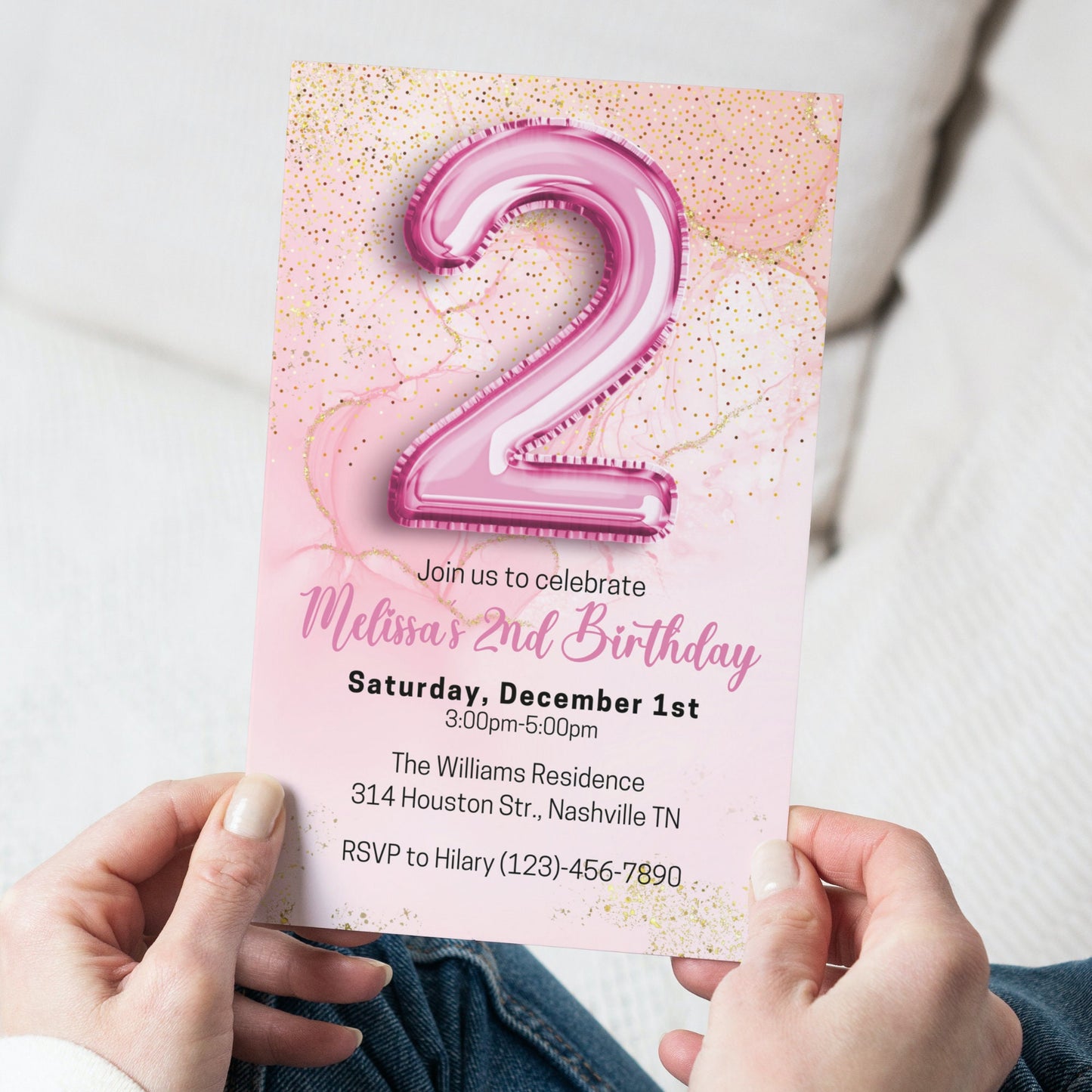 Editable Pink 2nd Birthday Invitation Template, Glitter Girl Birthday Party Invite, Pink Foil Girl Second Birthday Invite, Instant Download