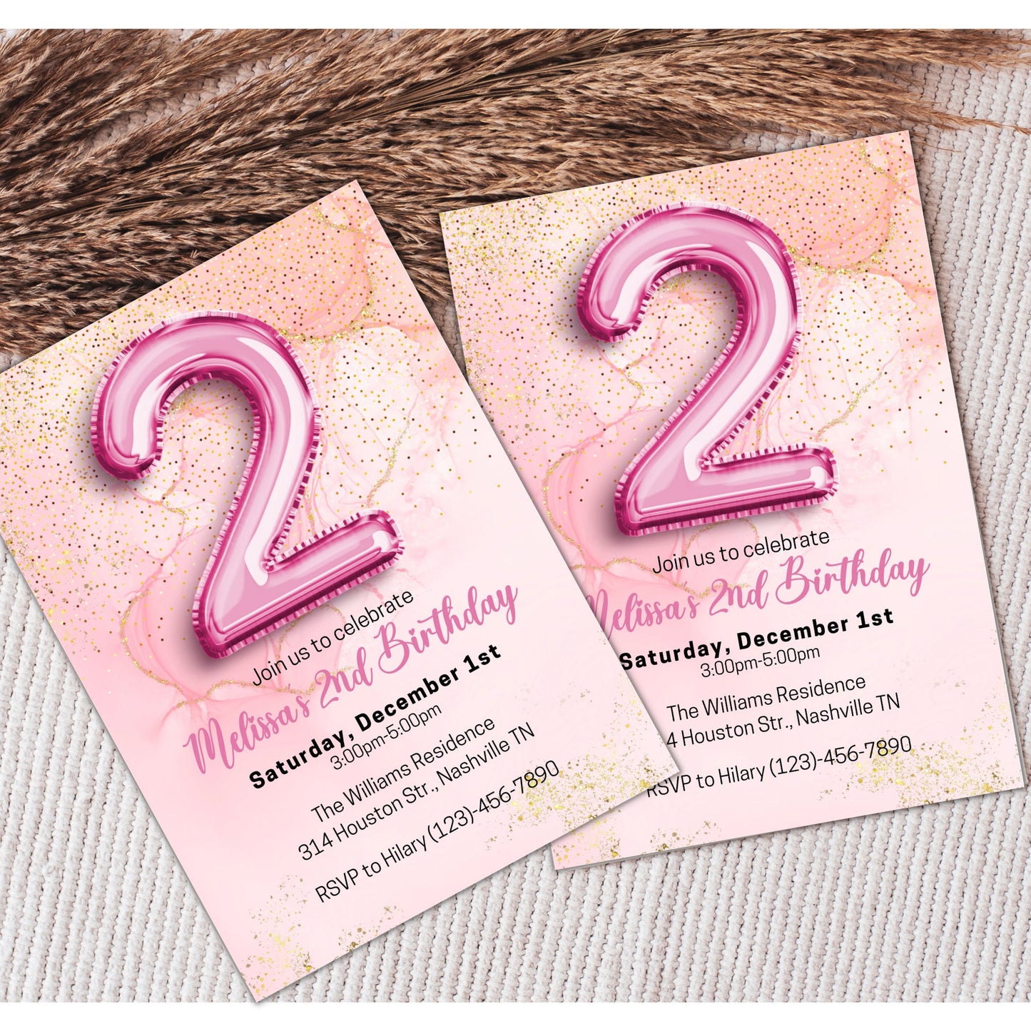 Editable Pink 2nd Birthday Invitation Template, Glitter Girl Birthday Party Invite, Pink Foil Girl Second Birthday Invite, Instant Download