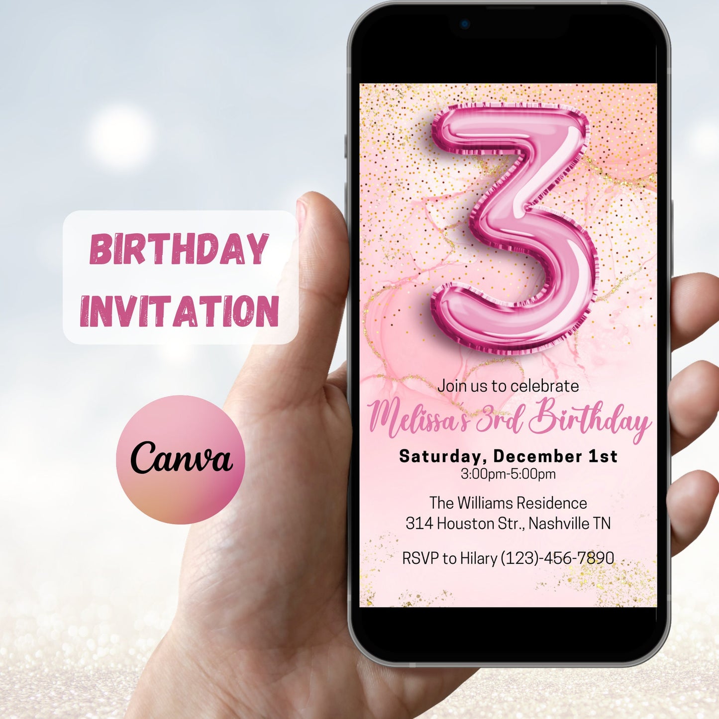 Editable Pink 3rd Birthday Invitation Template, Glitter Girl Birthday Party Invite, Pink Foil Girl Third Birthday Invite, Instant Download